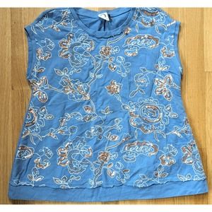 Anthropologie Akemi Kin Gold Blue Floral Sequin Flared Kim Hildle Top Sz Small S